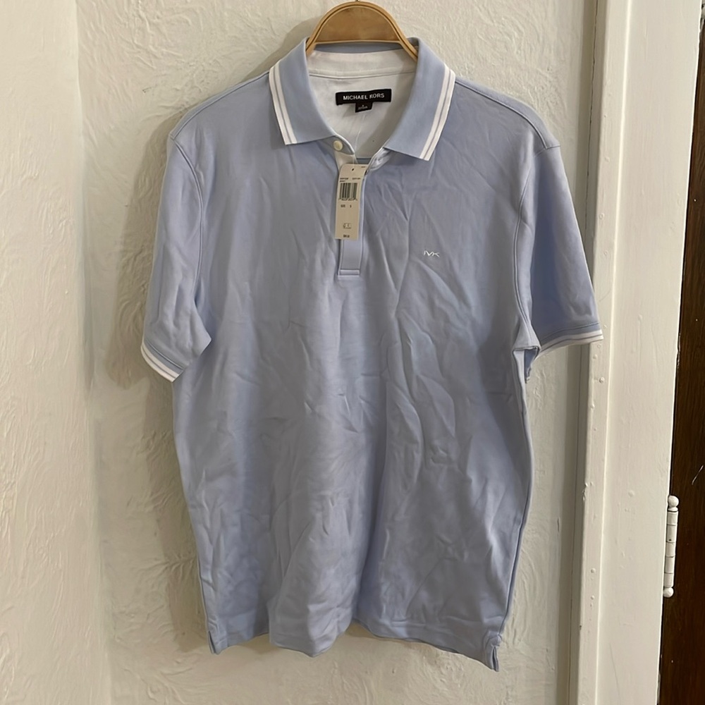 MICHAEL KORS Men's Tipped Texture Modern Fit Polo Shirt Size S In Dusty Sky - Picture 2 of 7